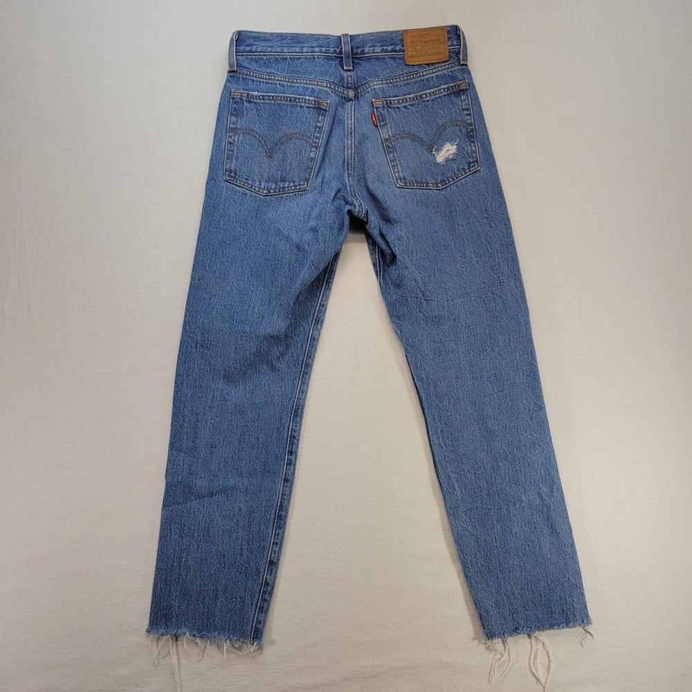 Levis Jeans Womens 26 Blue Wedgie Straight Button Fly Mid Rise Raw Hem Denim - Picture 3 of 10